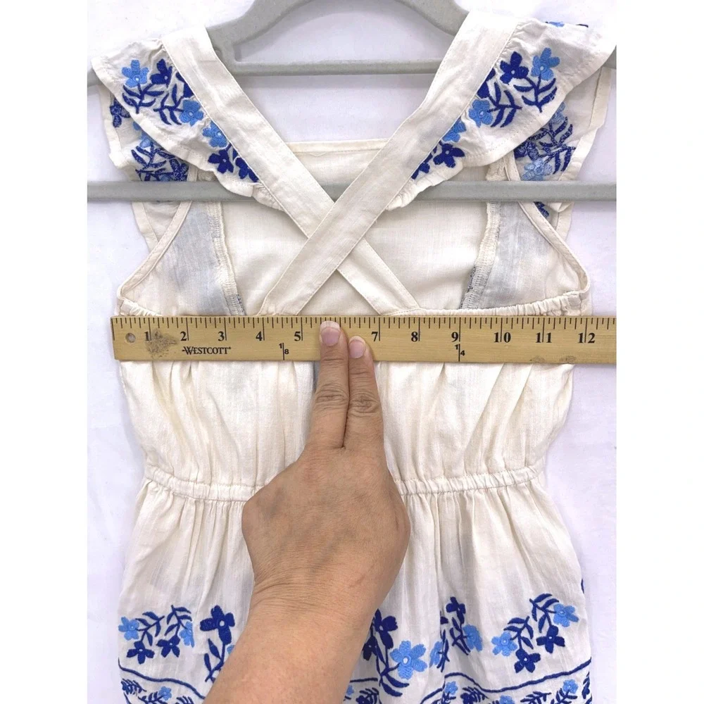Old Navy Cream Blue Embroidered Ruffle Peplum Top M 8 Cross Back Floral Boho